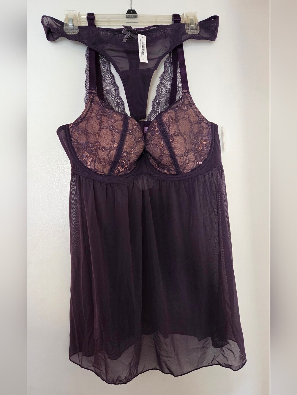 ADORE ME Sheer Lace Babydoll with Thong - Deep Plum, 38DDD, New w/tags